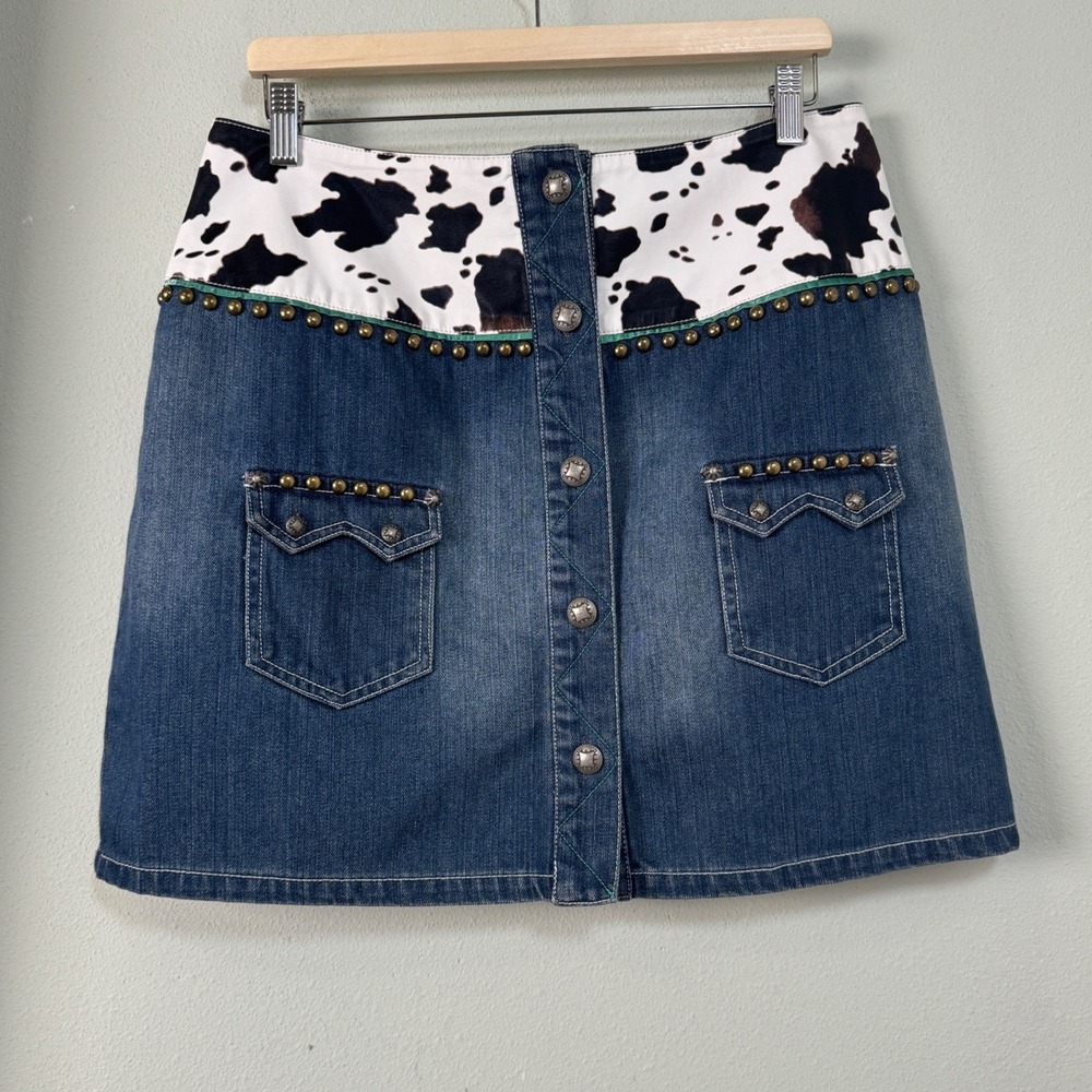Double D Ranch Cow Print Studded Denim Mini Skirt Blue Western Rodeo Cowgirl 12